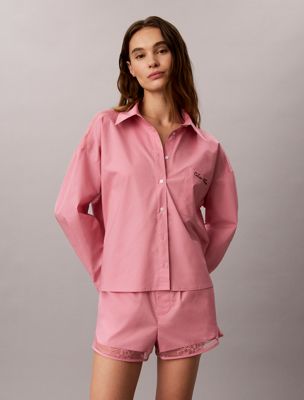 pink pyjama shirt - icon cotton poplin lace for women calvin klein