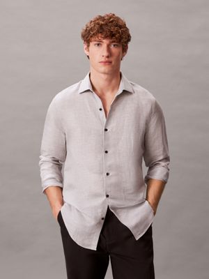 grey schmales hemd mit streifen aus leinen-mix für herren - calvin klein
