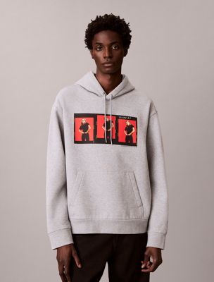 grey kate moss fleece graphic relaxed hoodie for men calvin klein