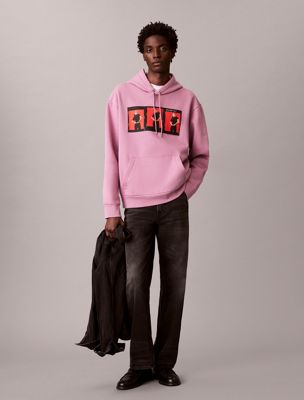 pink kate moss fleece graphic relaxed hoodie for men calvin klein