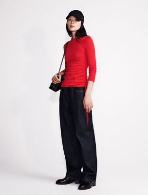 chinese red ruched slim t-shirt for women calvin klein