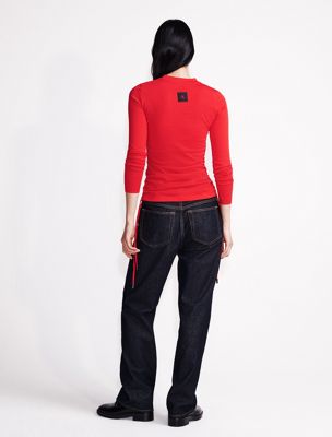 chinese red ruched slim t-shirt for women calvin klein