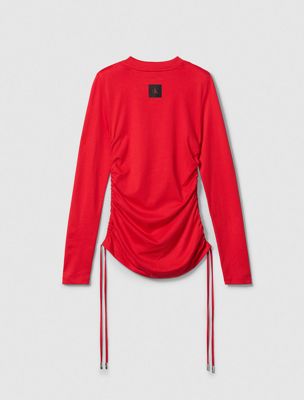 chinese red ruched slim t-shirt for women calvin klein