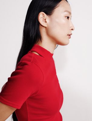 chinese red cut out slim crewneck t-shirt for women calvin klein