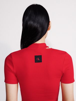 chinese red cut out slim crewneck t-shirt for women calvin klein