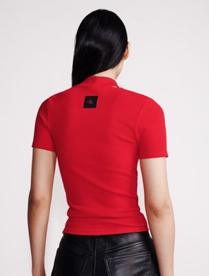 chinese red cut out slim crewneck t-shirt for women calvin klein