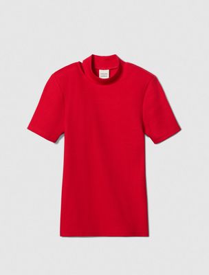 chinese red cut out slim crewneck t-shirt for women calvin klein