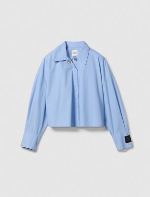 bel air blue poplin woven cropped button-down shirt for women calvin klein