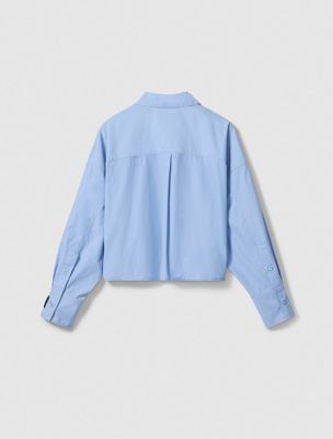 bel air blue poplin woven cropped button-down shirt for women calvin klein