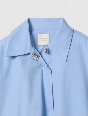 bel air blue poplin woven cropped button-down shirt for women calvin klein