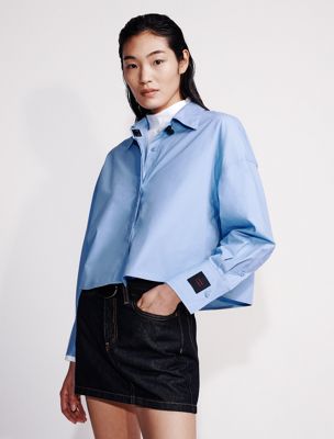 multi poplin woven cropped button-down shirt for women calvin klein