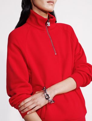 chinese red terry zip polo sweatshirt for women calvin klein