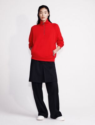 chinese red terry zip polo sweatshirt for women calvin klein