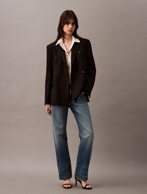 black slim wool gabardine double-breasted blazer for women calvin klein