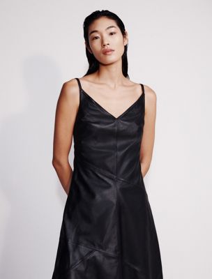 black leather sleeveless midi dress for women calvin klein