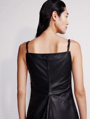 black leather sleeveless midi dress for women calvin klein