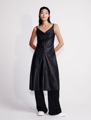 black leather sleeveless midi dress for women calvin klein