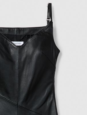 black leather sleeveless midi dress for women calvin klein