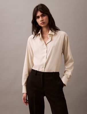 multi relaxed wool blend button-down shirt for women calvin klein