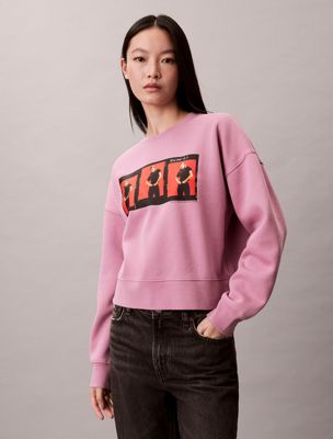 pink kate moss fleece graphic cropped sweatshirt for women calvin klein