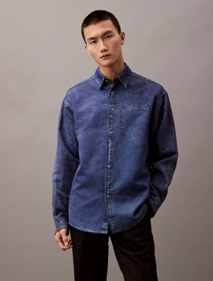 blue denim print button-down shirt for men calvin klein