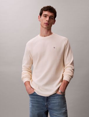 beige long sleeve waffle t-shirt for men calvin klein jeans