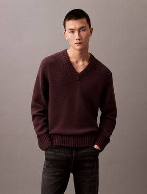 red wool blend v-neck jumper for men calvin klein