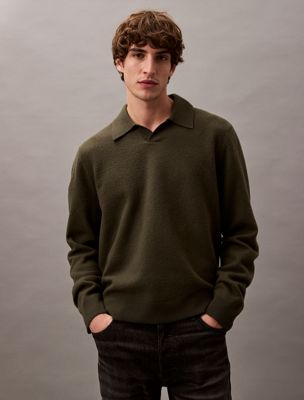 green boiled wool polo for men calvin klein