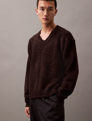 mulch htr textured merino wool v-neck sweater for men calvin klein