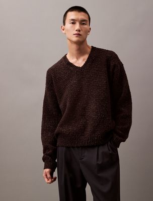 brown textured merino wool v-neck sweater for men calvin klein