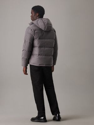 heroic gray heather tech hooded puffer jacket for men calvin klein