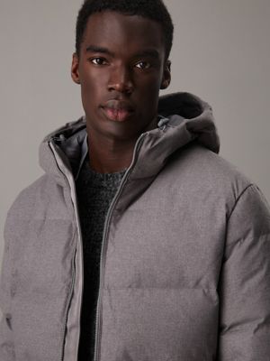 heroic gray heather tech hooded puffer jacket for men calvin klein