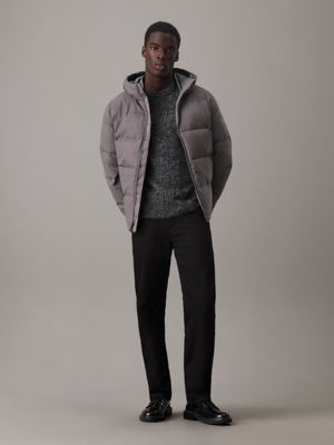 heroic gray heather tech hooded puffer jacket for men calvin klein