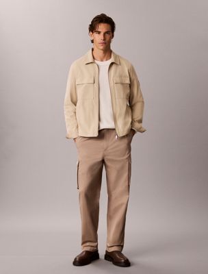 beige straight cotton twill cargo trousers for men calvin klein jeans
