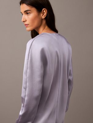 lilac gray satin v-neck blouse for women calvin klein