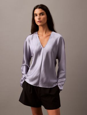 lilac gray satin v-neck blouse for women calvin klein