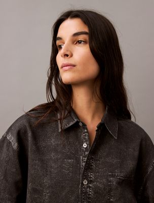 black denim print denim print button-down shirt for women calvin klein