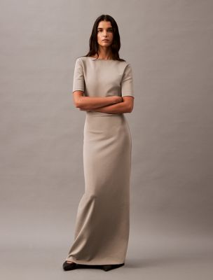 beige backless jersey dress for women calvin klein