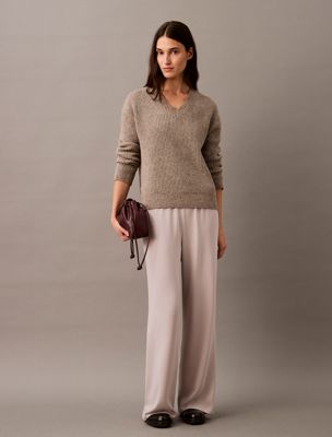 driftwood melange woolen stitch v-neck jumper for women calvin klein