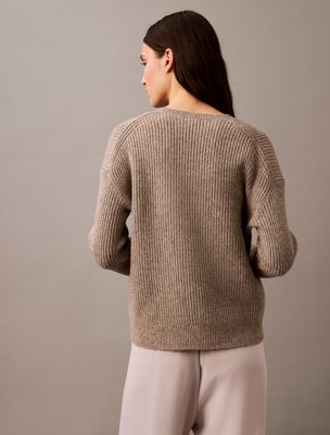 driftwood melange woolen stitch v-neck jumper for women calvin klein