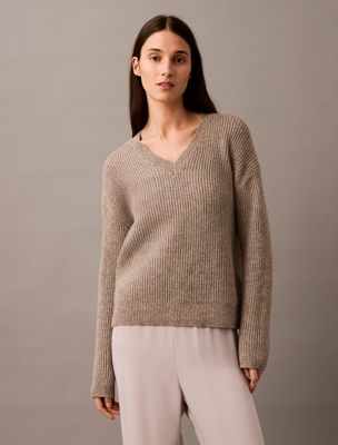 driftwood melange woolen stitch v-neck jumper for women calvin klein