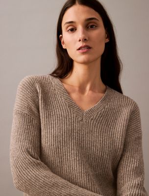 brown woolen stitch v-neck jumper for women calvin klein