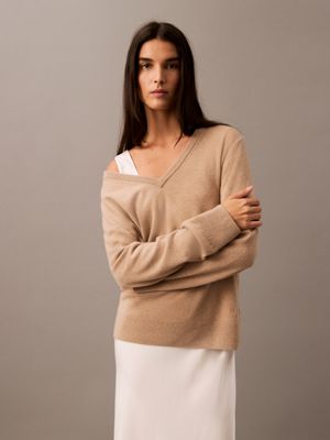 brown cashmere v-neck sweater for women calvin klein