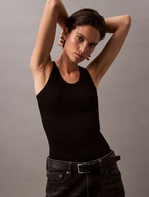 canotta di cotone a costine black da donne calvin klein