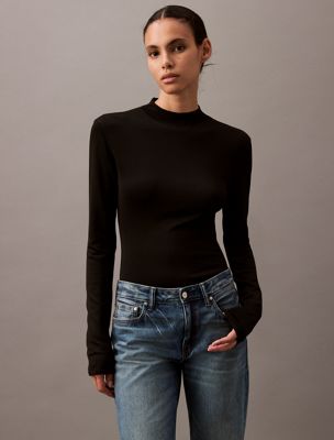 black mock neck viscose sweater for women calvin klein