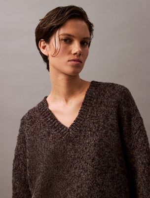 black olive htr melange wool v-neck sweater for women calvin klein