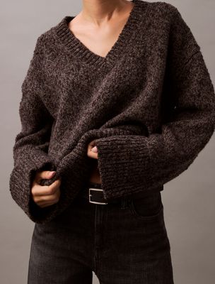 black olive htr melange wool v-neck sweater for women calvin klein