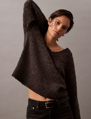 black olive htr melange wool v-neck sweater for women calvin klein