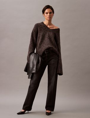 black melange wool v-neck sweater for women calvin klein