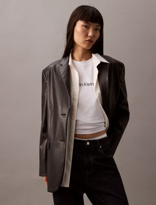 black slim leather blazer for women calvin klein